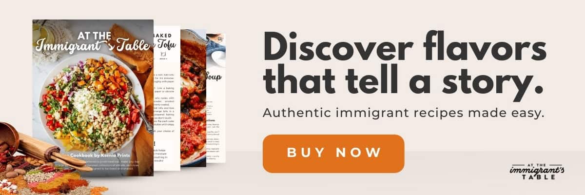 Cookbook with colorful dishes and text: Discover flavors that tell a story with healthy international recipes. Buy Now. Authentic immigrant recipes.