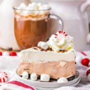 A slice of layered chocolate and cream dessert with whipped topping, marshmallows, and a peppermint candy.