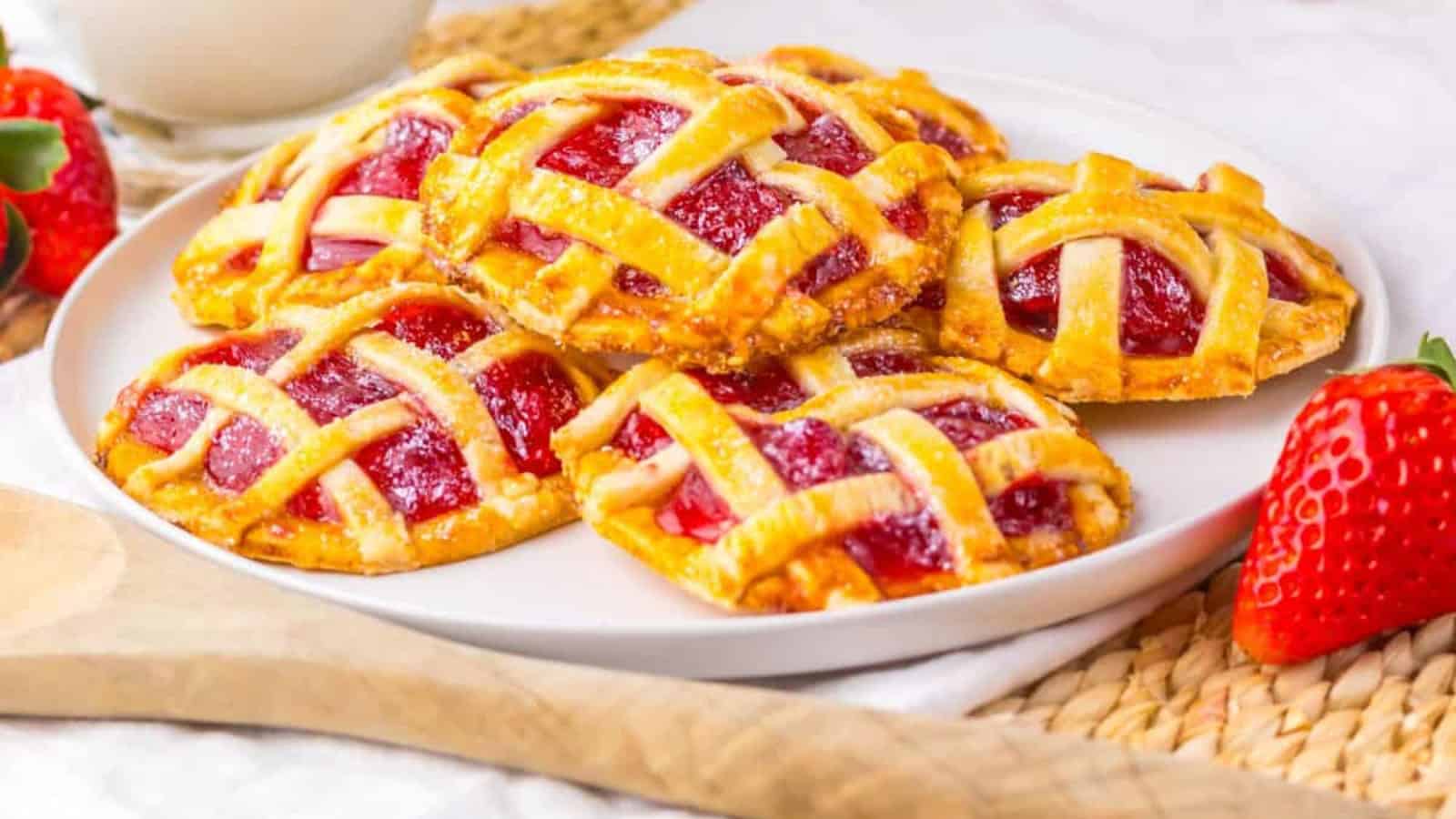 A plate of lattice-topped strawberry pastries on a woven mat with fresh strawberries and a wooden spoon nearby. A glass of milk is in the background.