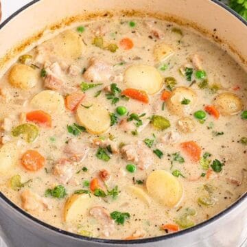 Creamy chicken stew with potatoes, carrots, peas, and herbs in a large white pot on a table.