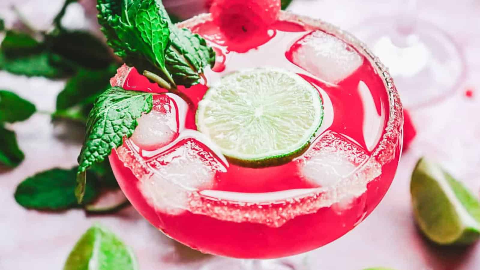 A bright pink cocktail with ice, a lime slice, mint leaves, and a sugared rim.
