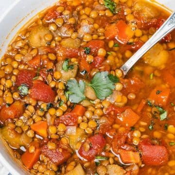 A bowl of lentil soup with carrots, tomatoes, herbs, and a spoon, garnished with fresh parsley.