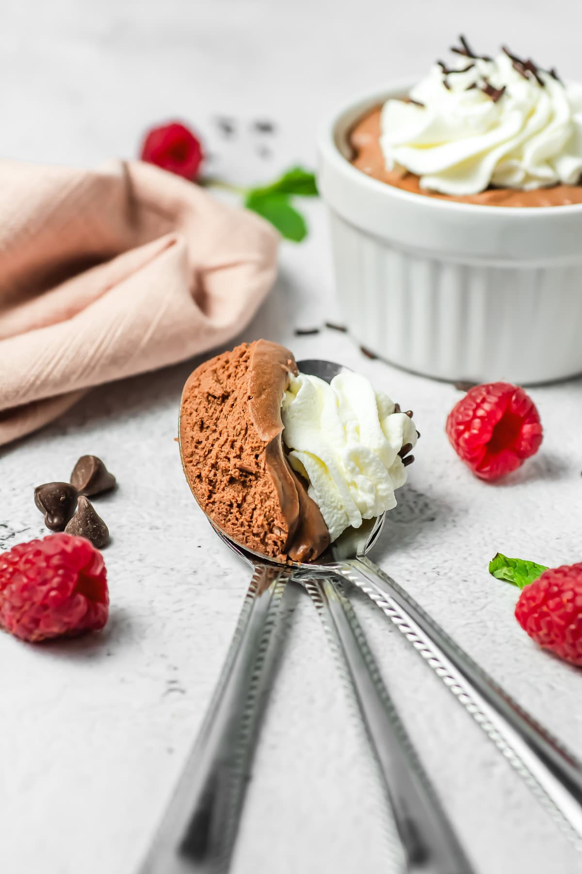 A spoonful of chocolate mousse with whipped cream, fresh raspberries, and a ramekin of rich Chocolate Mousse in the background.