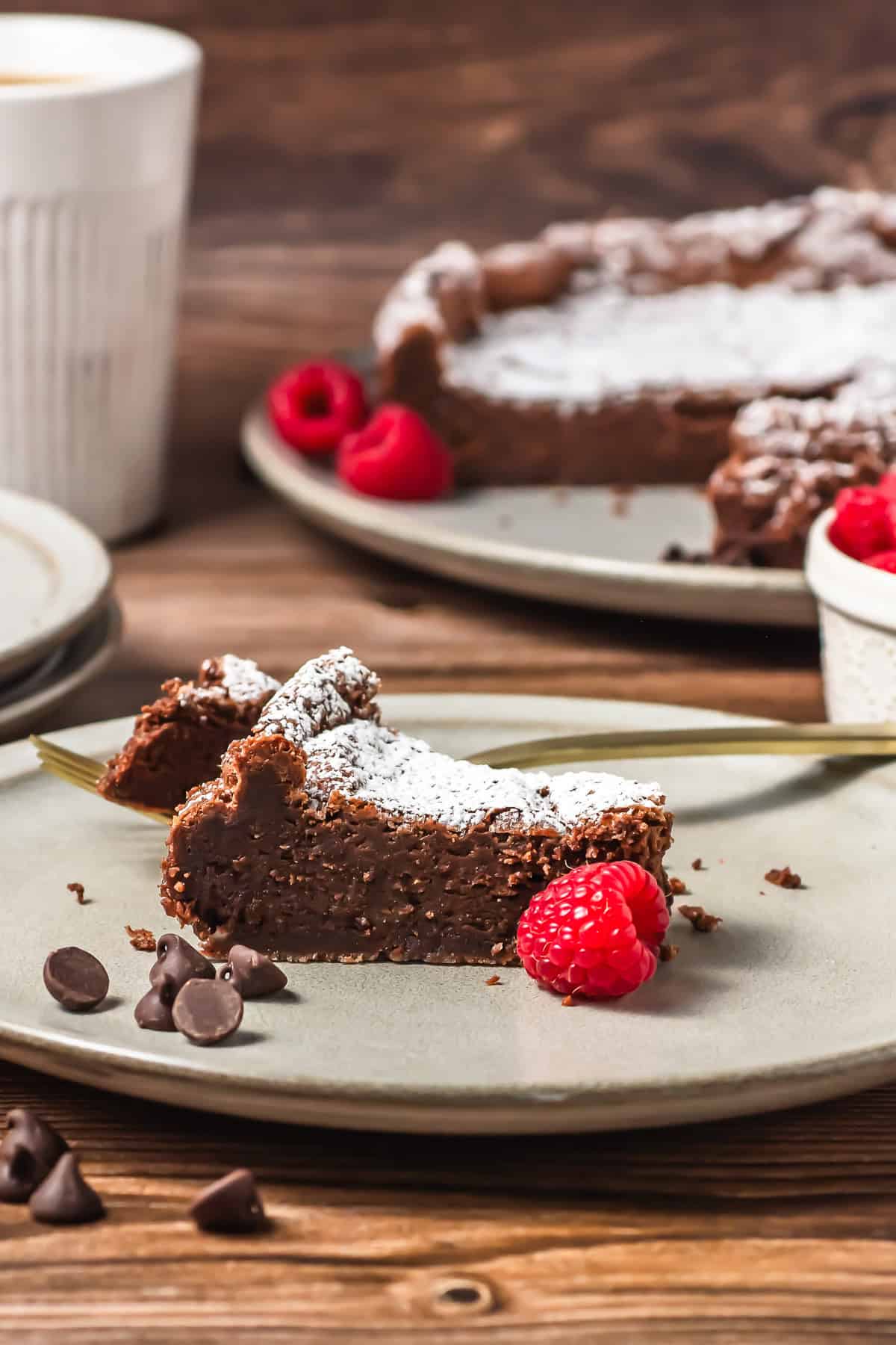 A slice of chocolate cake with powdered sugar, fresh raspberries, and chocolate chips on a plate.