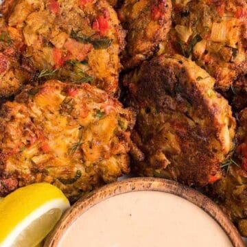 A plate of crab cakes with lemon wedges and a bowl of creamy dipping sauce.