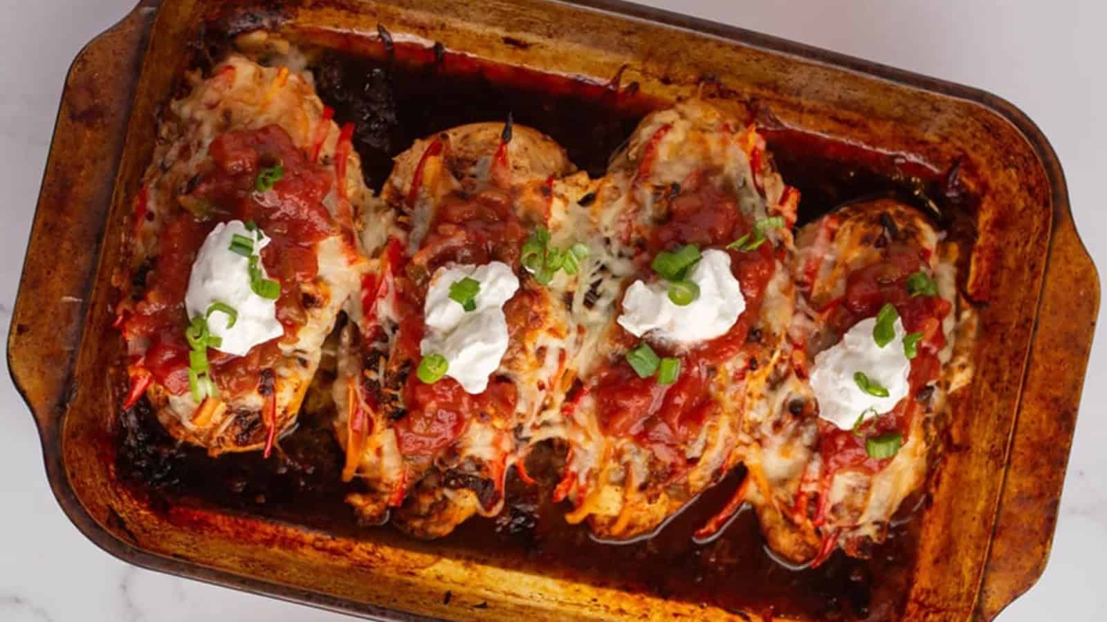 Cheesy chicken fajita bake in a baking pan.