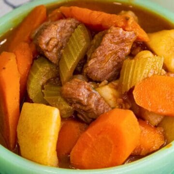 A bowl of beef stew with carrots, celery, potatoes, and chunks of beef in a rich broth.