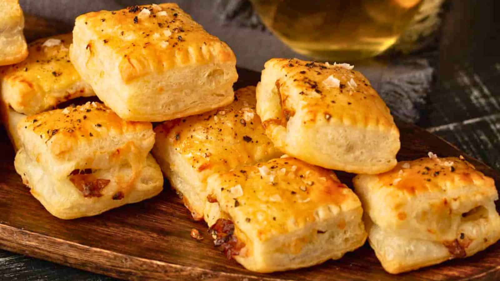 Golden, flaky pastry squares topped with salt and pepper, stacked on a wooden serving board.
