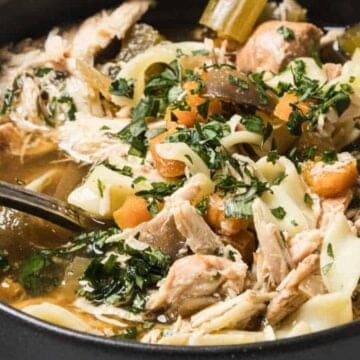 A bowl of chicken noodle soup with carrots, celery, herbs, and a spoon inside.