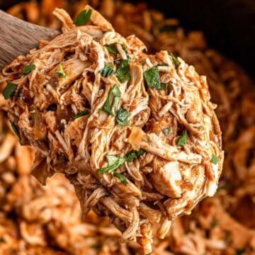 Wooden spoon scooping shredded seasoned chicken garnished with chopped herbs from a pot or slow cooker.