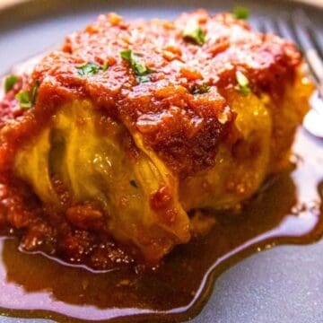 Stuffed cabbage roll topped with tomato sauce, served on a dark plate with a fork beside it.