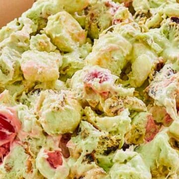 A bowl of green-tinted fruit salad mixed with marshmallows and creamy dressing.