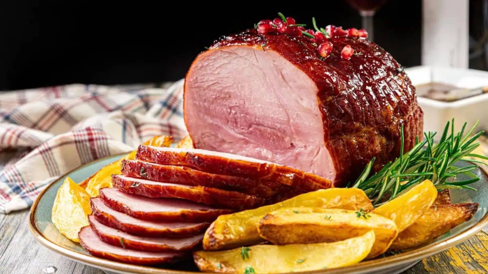 Sliced roast ham garnished with herbs and pomegranate seeds, served with roasted potato wedges on a plate. A checkered cloth is in the background.