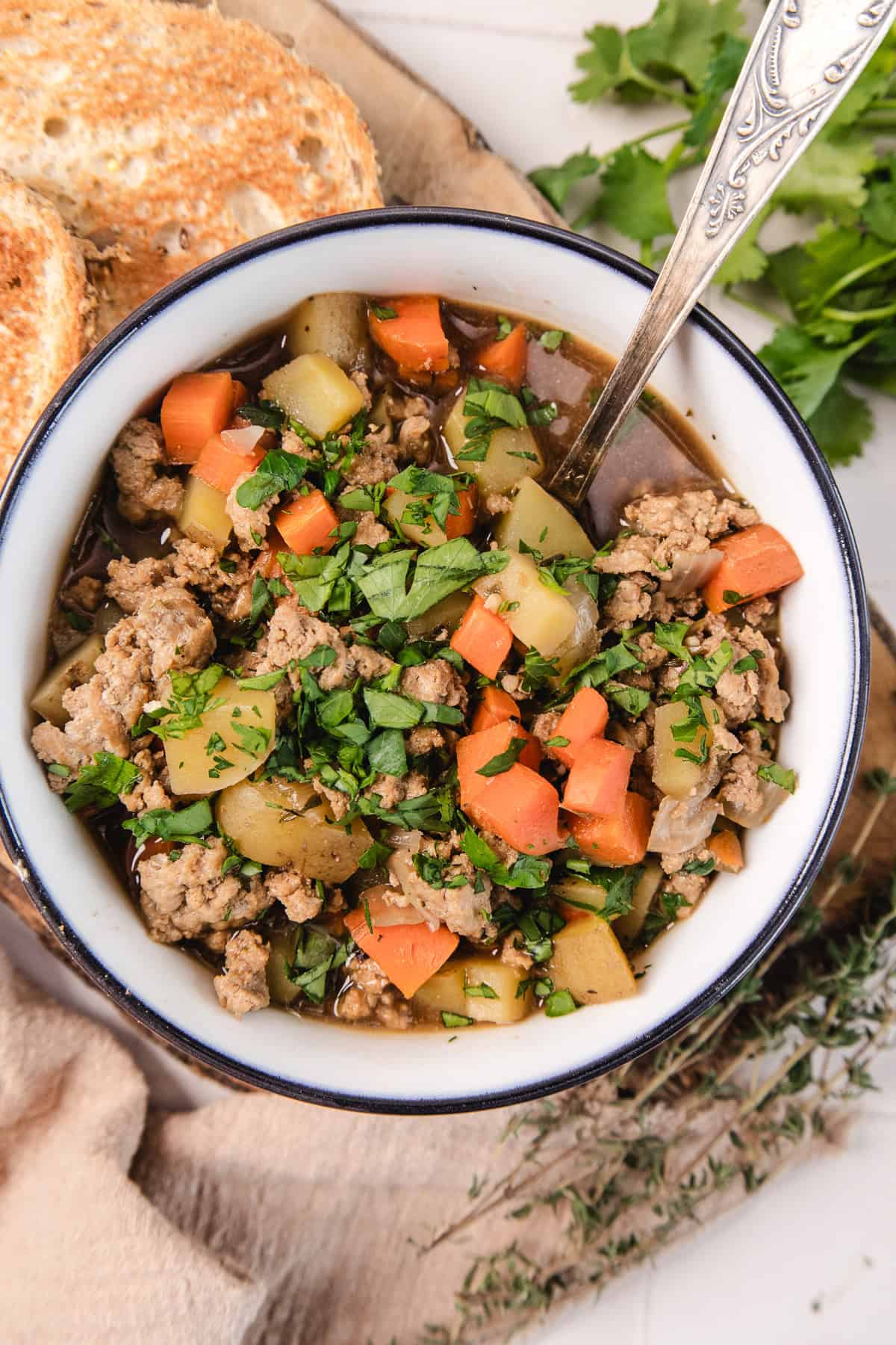 A bowl of ground meat and vegetable stew garnished with fresh herbs, with toast and herbs on the side.
