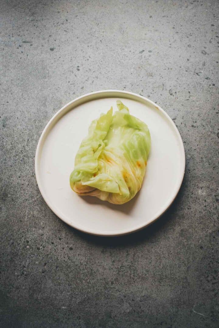 A cabbage roll on a white plate sits on a textured gray surface, hinting at the comforting flavors of a classic Cabbage Rolls Casserole.