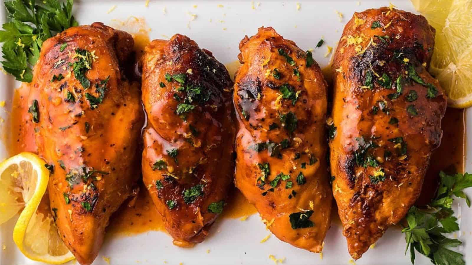 Four glazed chicken breasts garnished with parsley and lemon slices on a white plate.