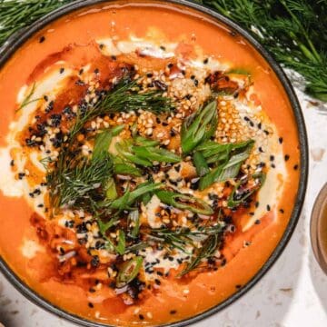 Bowl of creamy soup topped with herbs, seeds, and spices, with fresh dill and green onions on the side.