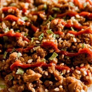 Seasoned ground meat with sesame seeds and sauce over white rice, garnished with herbs.
