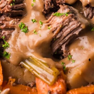 Close-up of pot roast with gravy, potatoes, carrots, celery, and parsley garnish—one of the ultimate dump-and-go recipes for a comforting family meal.
