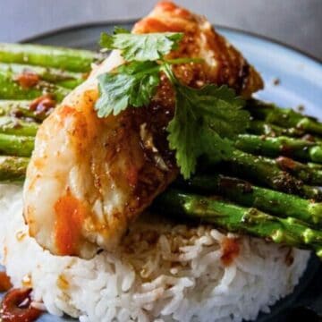 Grilled fish and asparagus on white rice, garnished with fresh herbs and sauce, served on a blue plate.