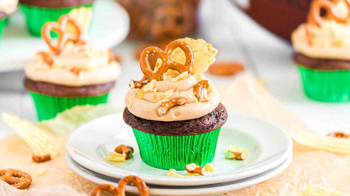 Chocolate peanut butter cupcakes with swirled frosting.