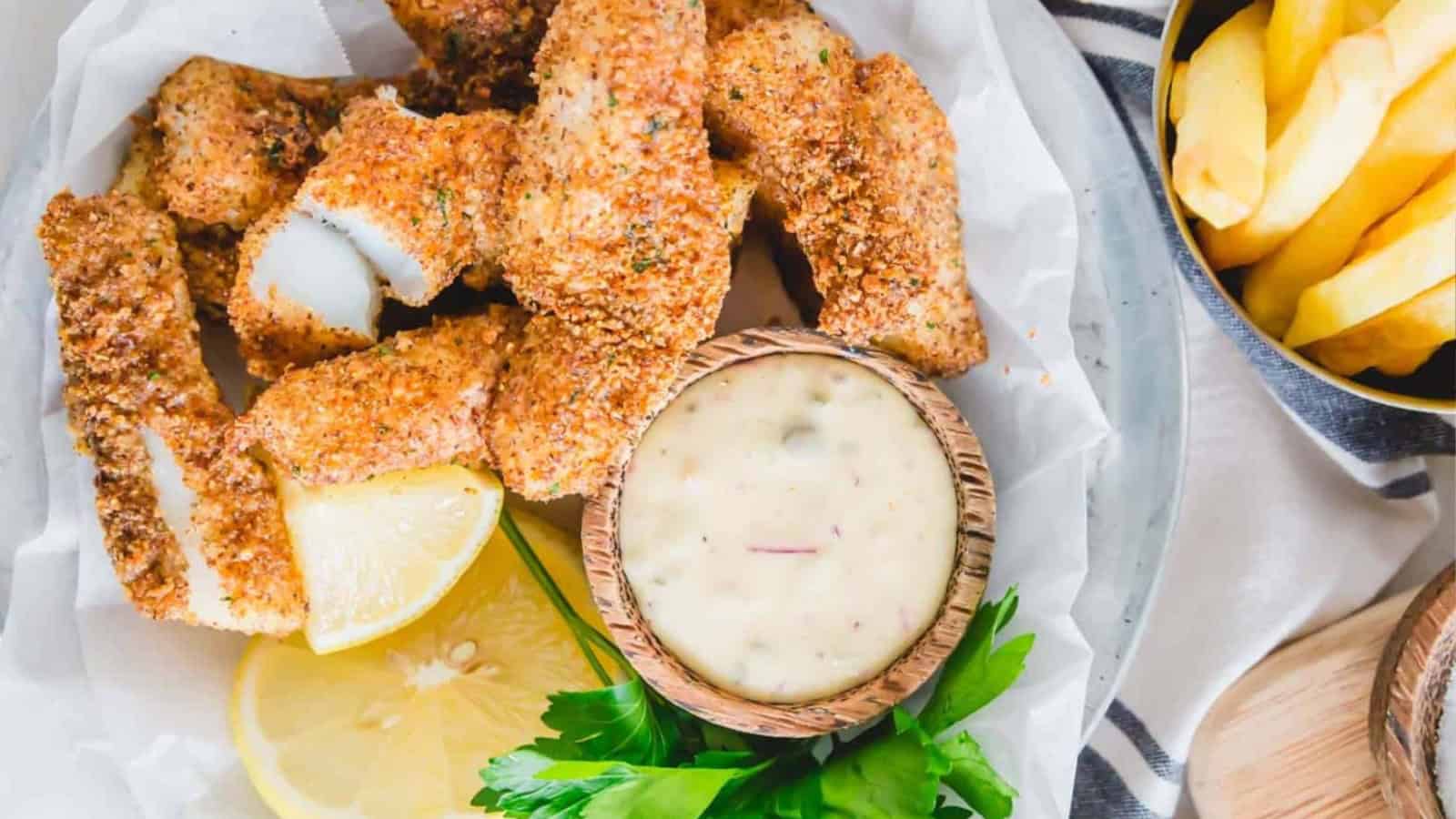 Air fryer fish sticks with remoulade dipping sauce.