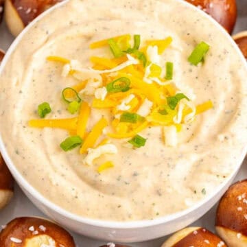 A bowl of cheese dip topped with shredded cheese and green onions, surrounded by salted pretzel bites.