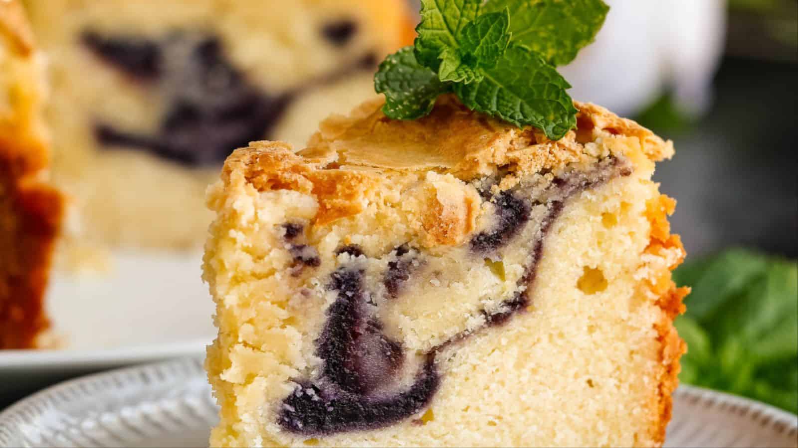 Blueberry Swirl Pound Cake with slice cut out.