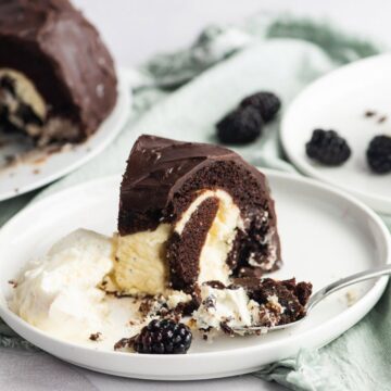 Slices of chocolate cake filled with cream and served with blackberries and ice cream on white plates.