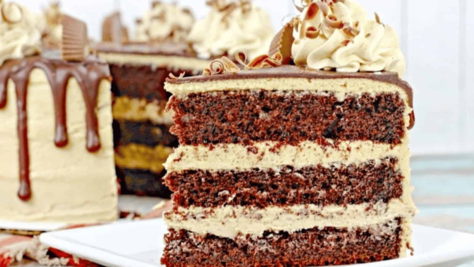 A close-up of a layered chocolate cake slice with light frosting and chocolate curls on top.