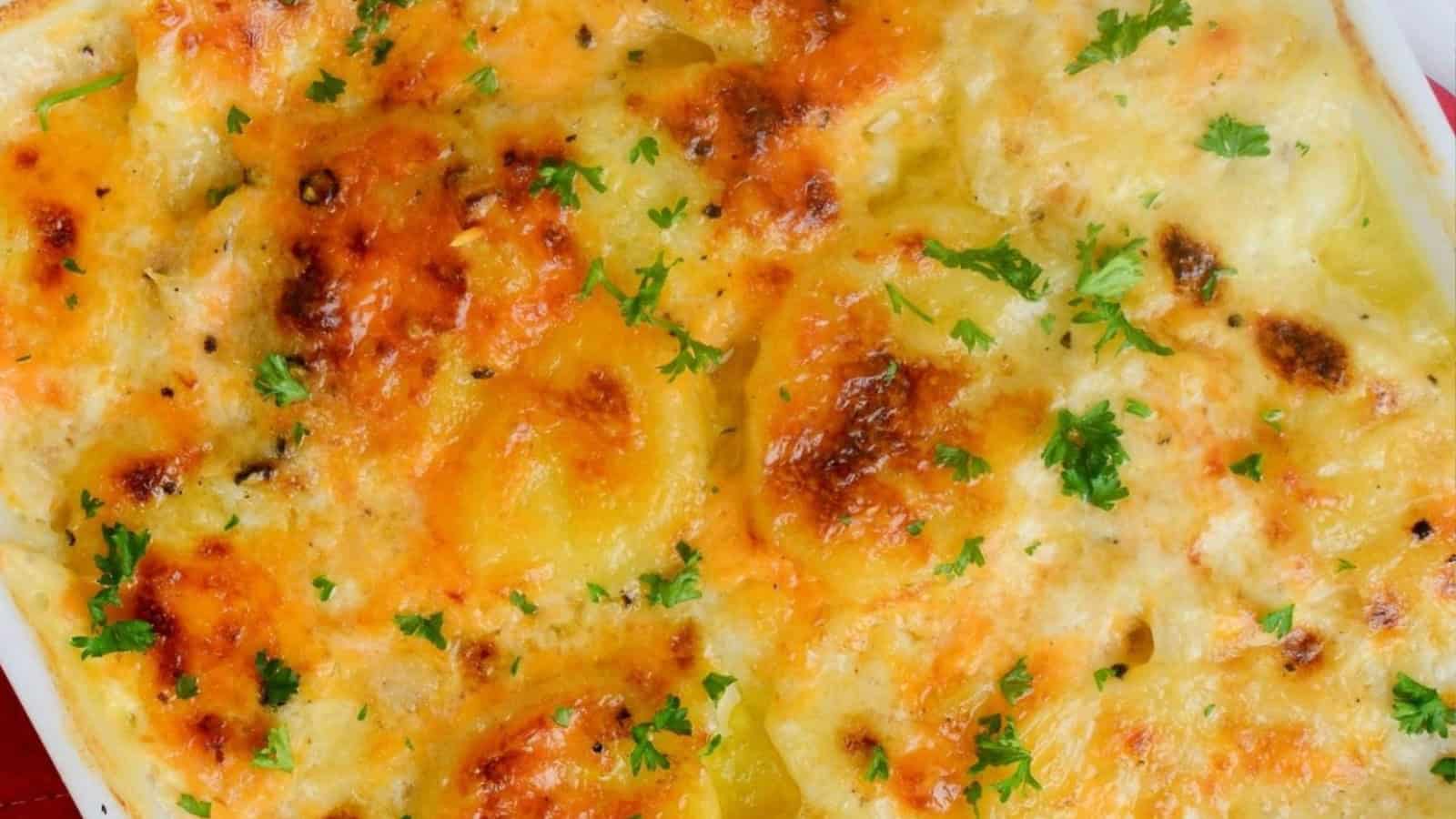 Creamy potato gratin topped with melted cheese and sprinkled with fresh parsley in a baking dish&mdash;one of the best easy budget side dishes for any meal.