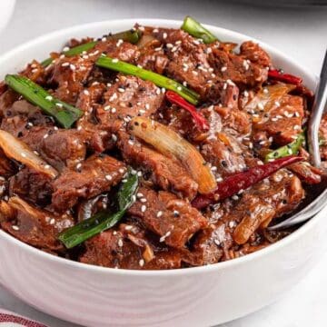 A bowl of beef stir-fry with green onions, sesame seeds, and a dark savory sauce—perfect inspiration for quick weeknight meals or hearty slow cooker recipes.