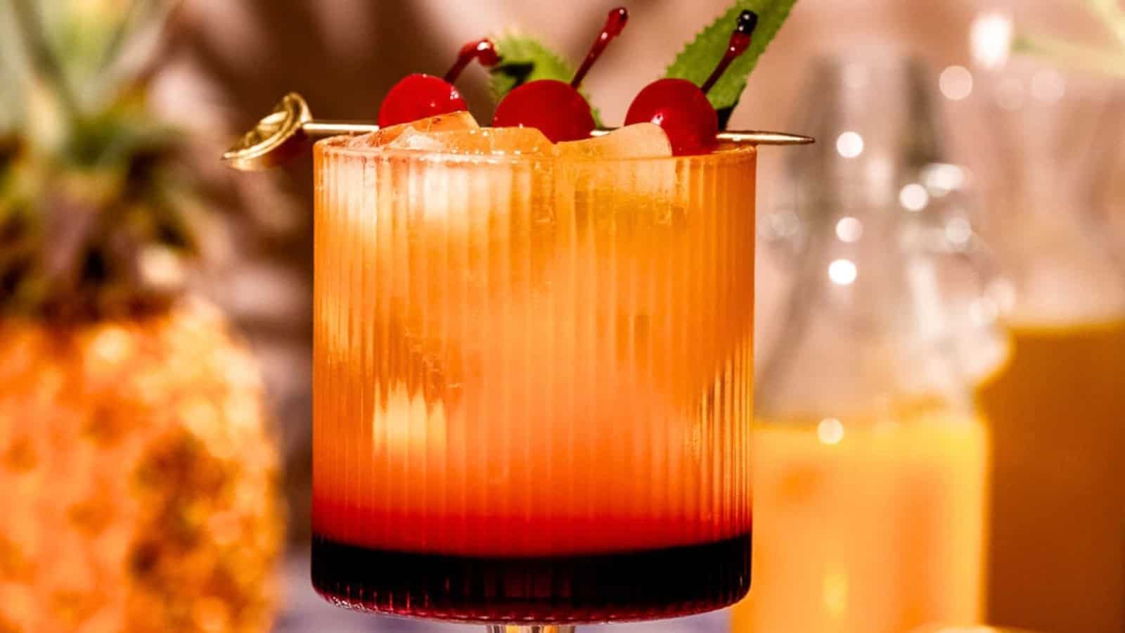A vibrant cocktail with a sunset gradient, topped with cherries and mint, sits in a ribbed glass.