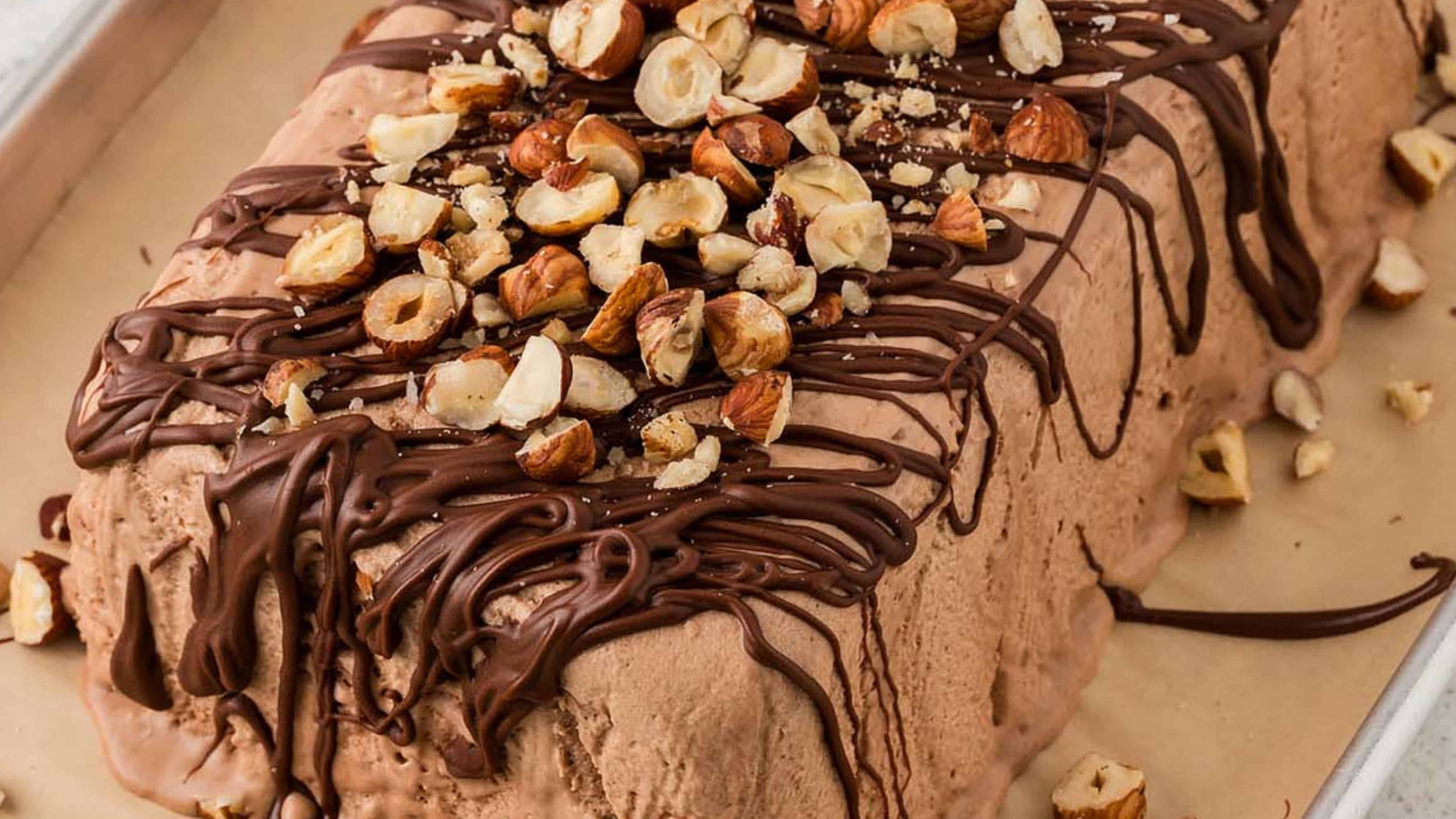 Chocolate hazelnut ice cream log topped with chocolate drizzle and chopped hazelnuts.