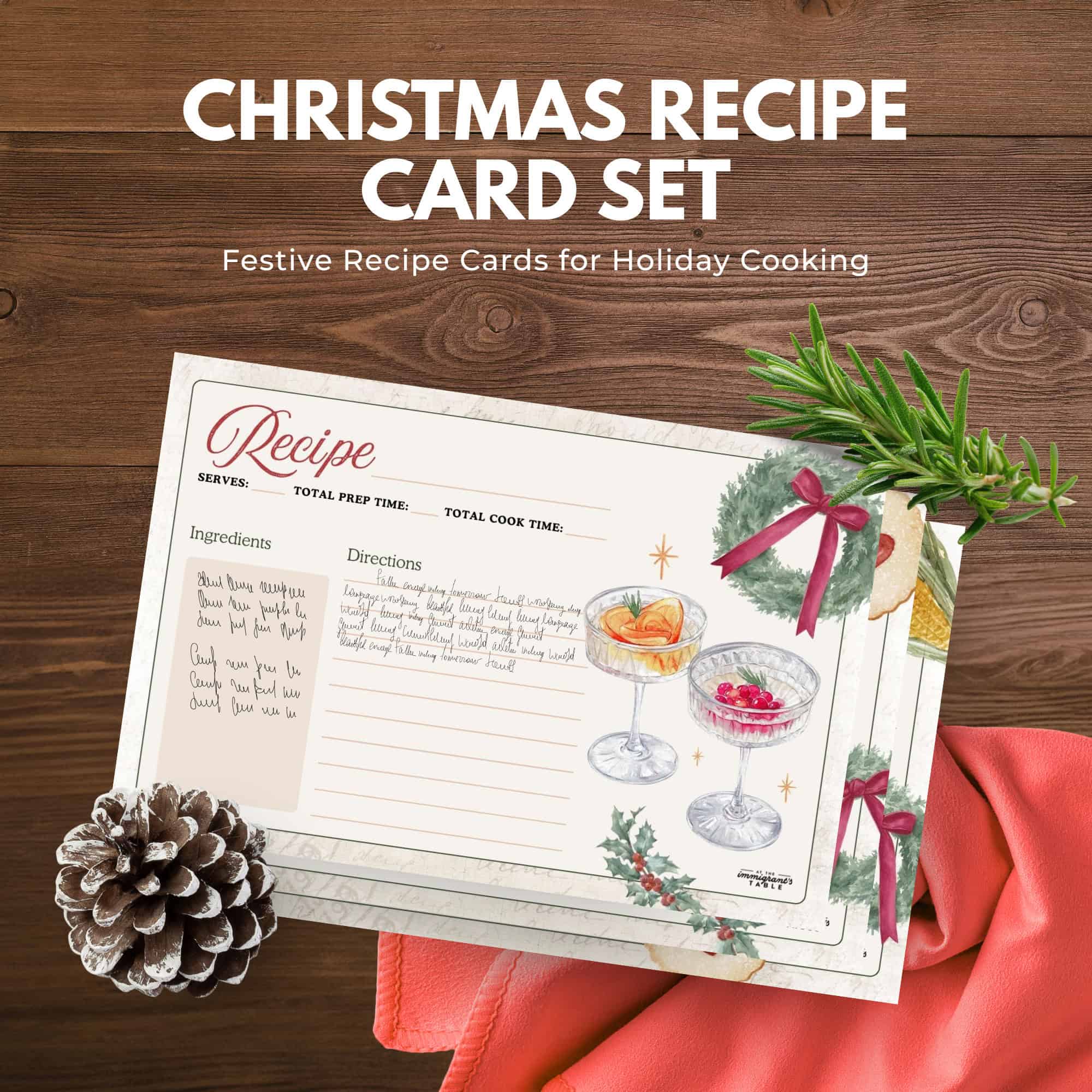 Recipe card set from the immigrantstable shop with festive drinks, pinecone, pine branch, and red cloth on a wooden table. Holiday theme.