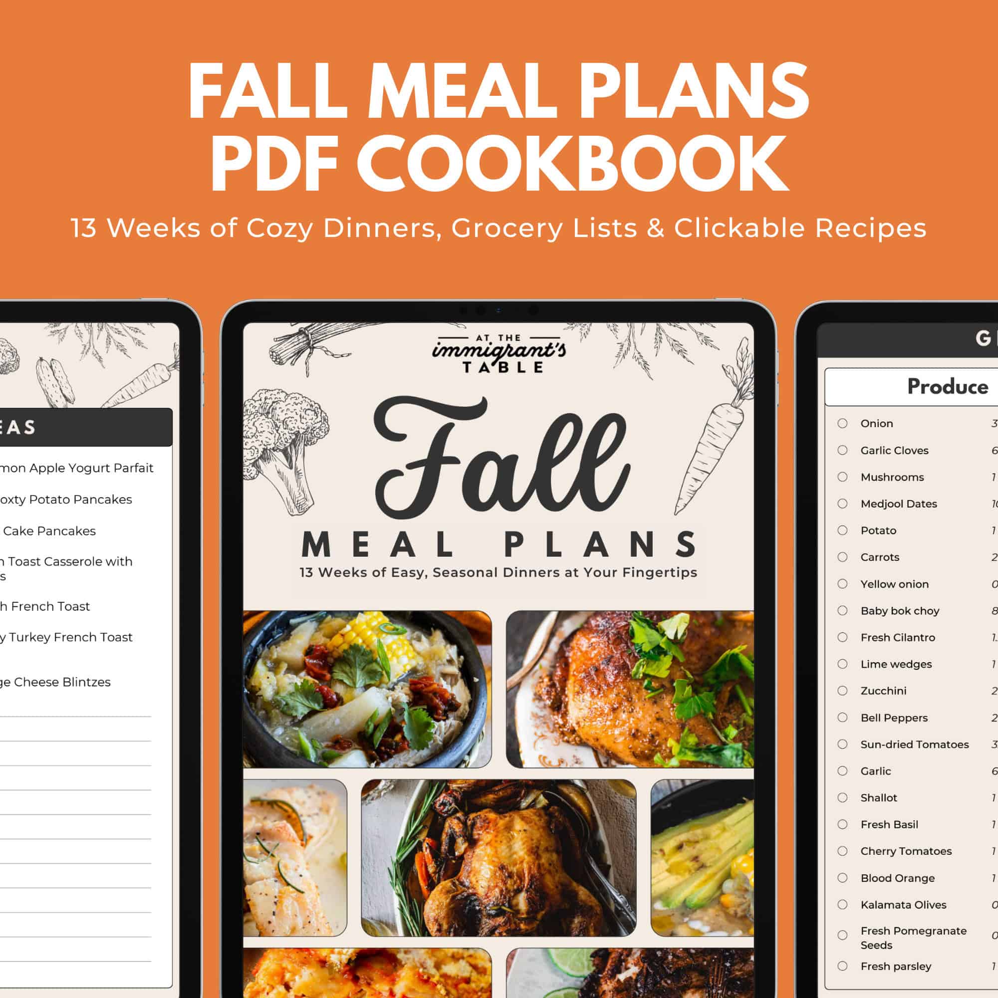 Tablet screens display a fall meal plan PDF cookbook from immigrantstable shop, featuring recipes, grocery lists, and food photos on an orange background.