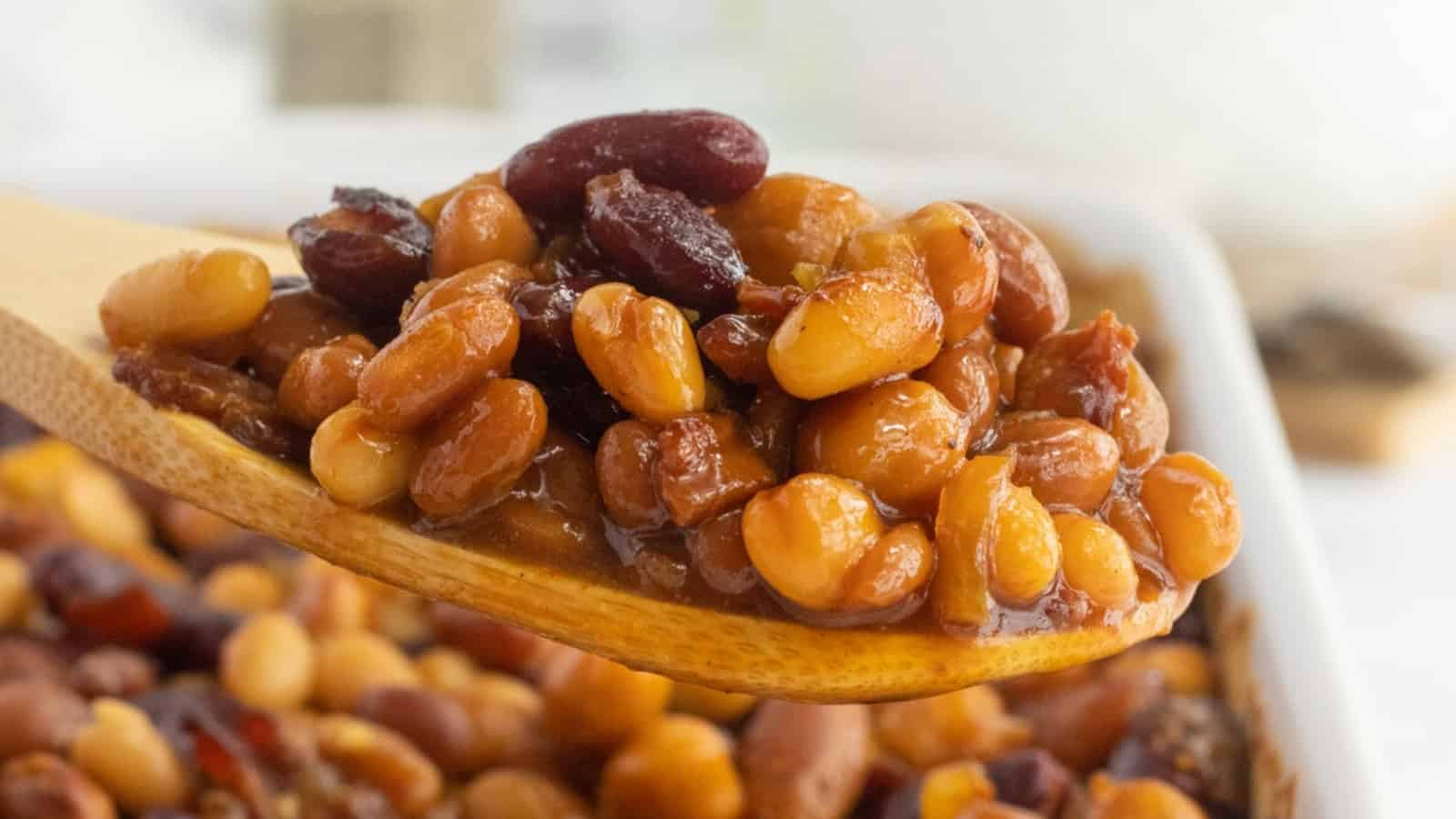 A wooden spoon holding a mix of baked beans in sauce, with more beans in a dish in the background.