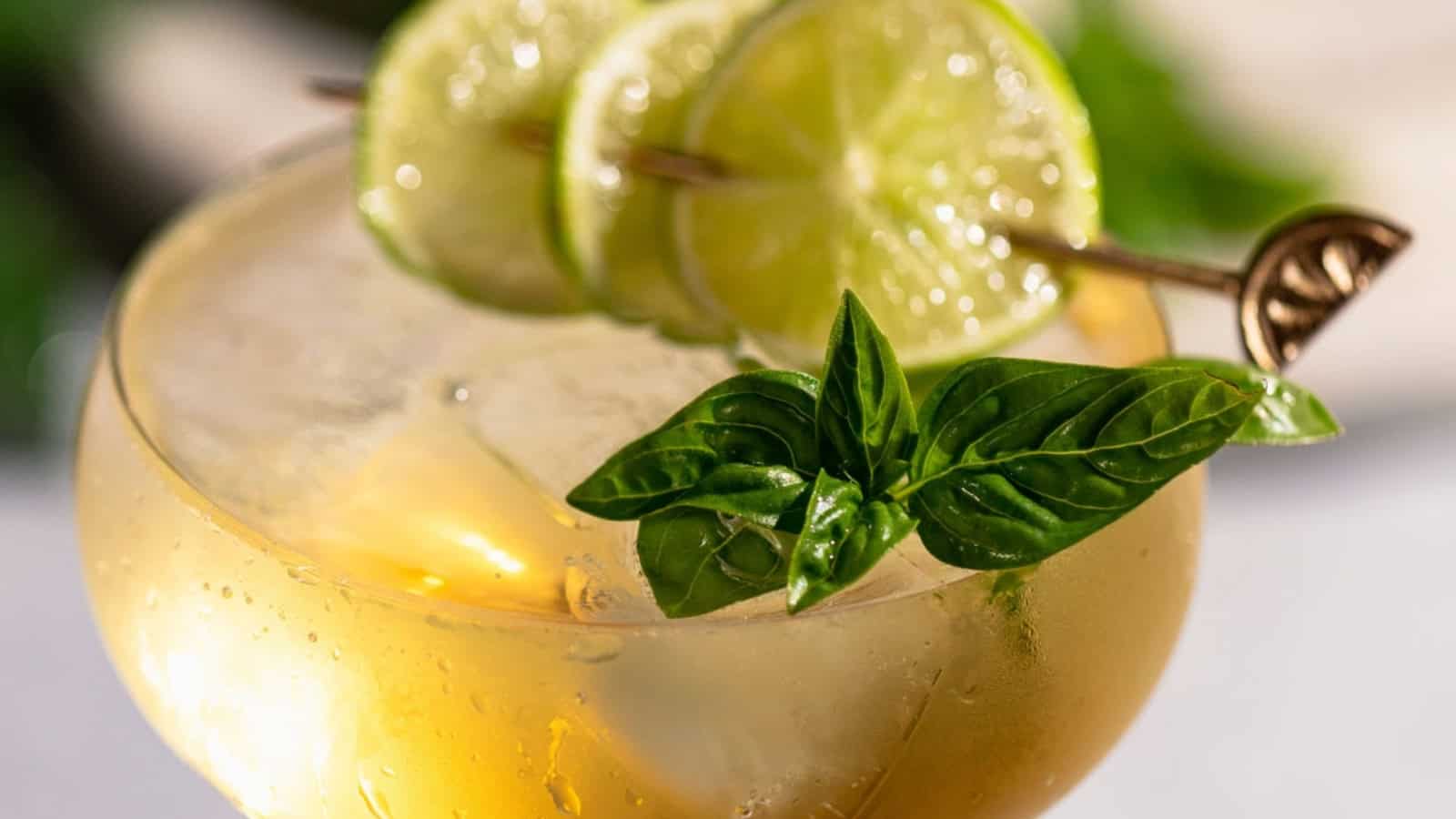 A cocktail garnished with fresh basil leaves and sliced lime on a skewer, served over ice in a glass.