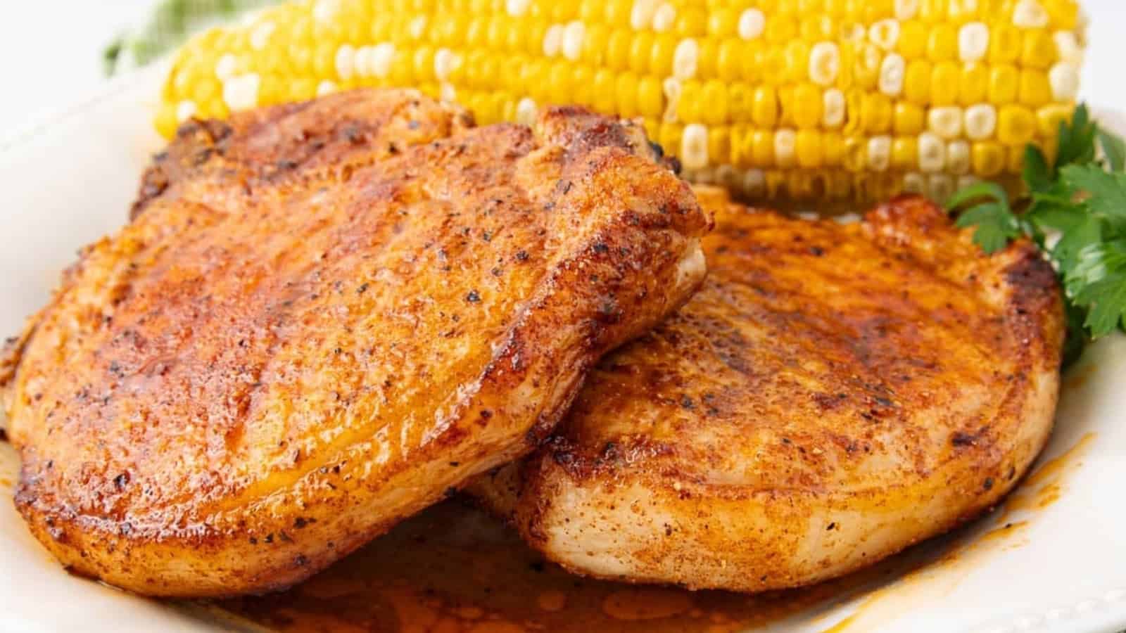 Two seasoned pork chops on a plate with a serving of corn on the cob and a sprig of parsley.
