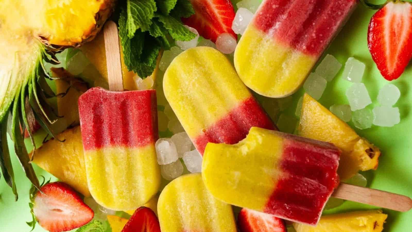 Assorted red and yellow fruit popsicles with ice, strawberries, and pineapple slices on a green background.