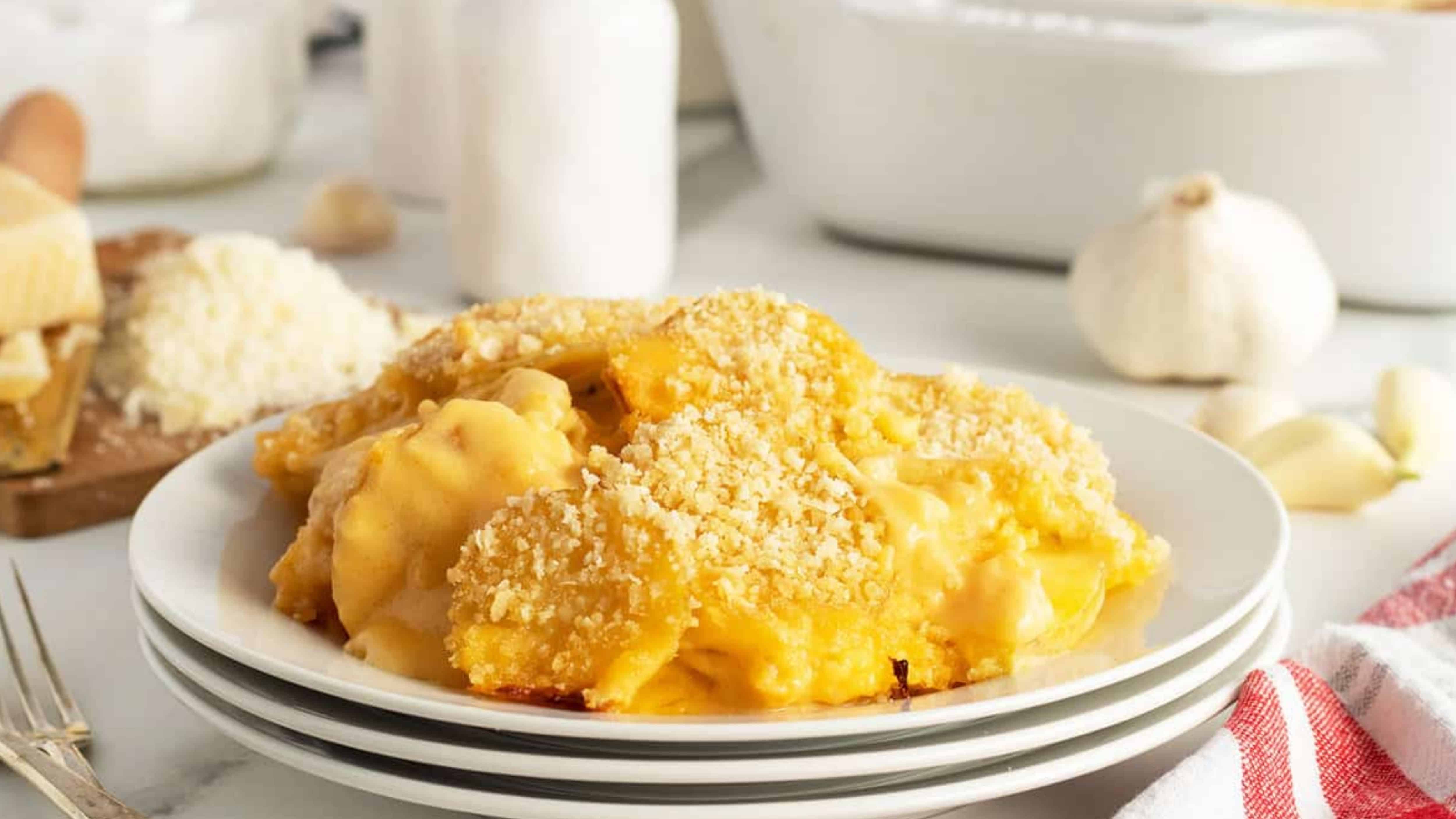 Plate of baked macaroni and cheese topped with breadcrumbs, with garlic and cheese in the background.