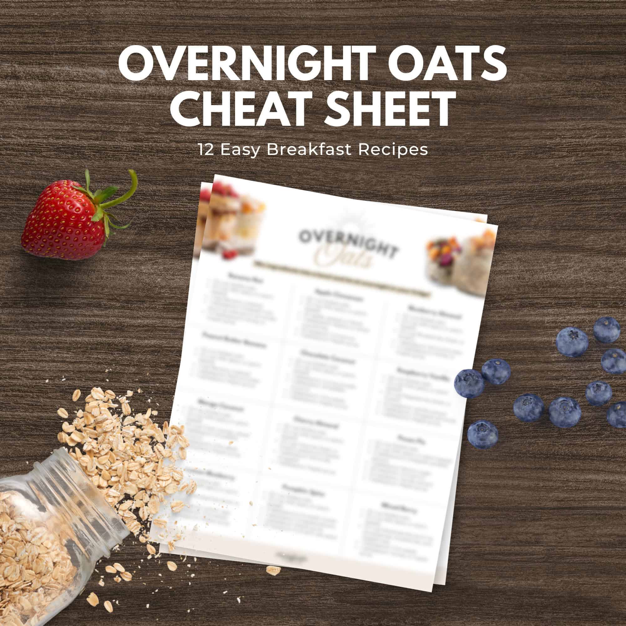 Overnight oats cheat sheet with recipes, oats, a strawberry, and blueberries on a wooden table-find more inspiration at the immigrantstable shop.