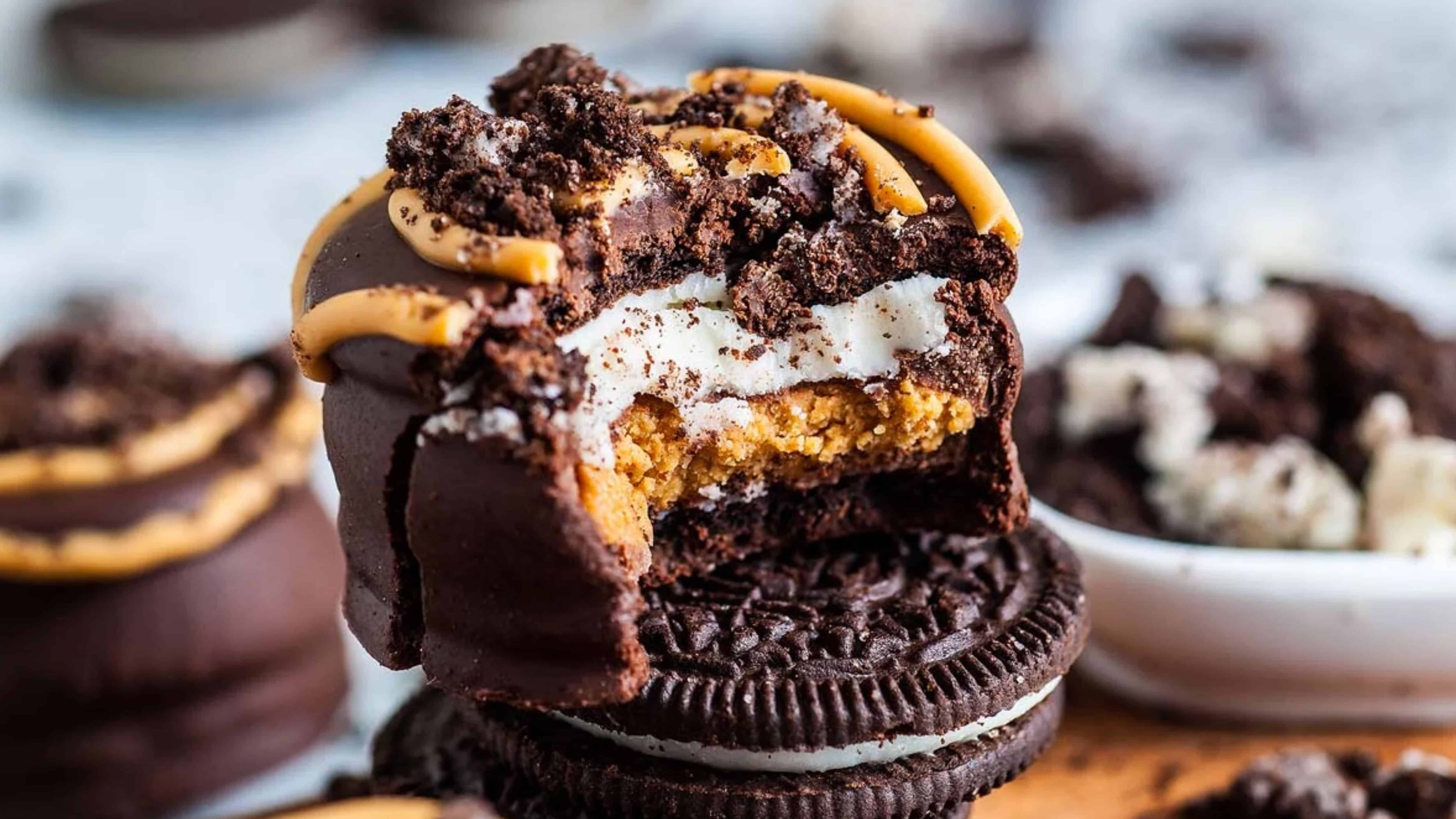 Chocolate-dipped Oreo treat with peanut butter, cream filling, and cookie crumbles.