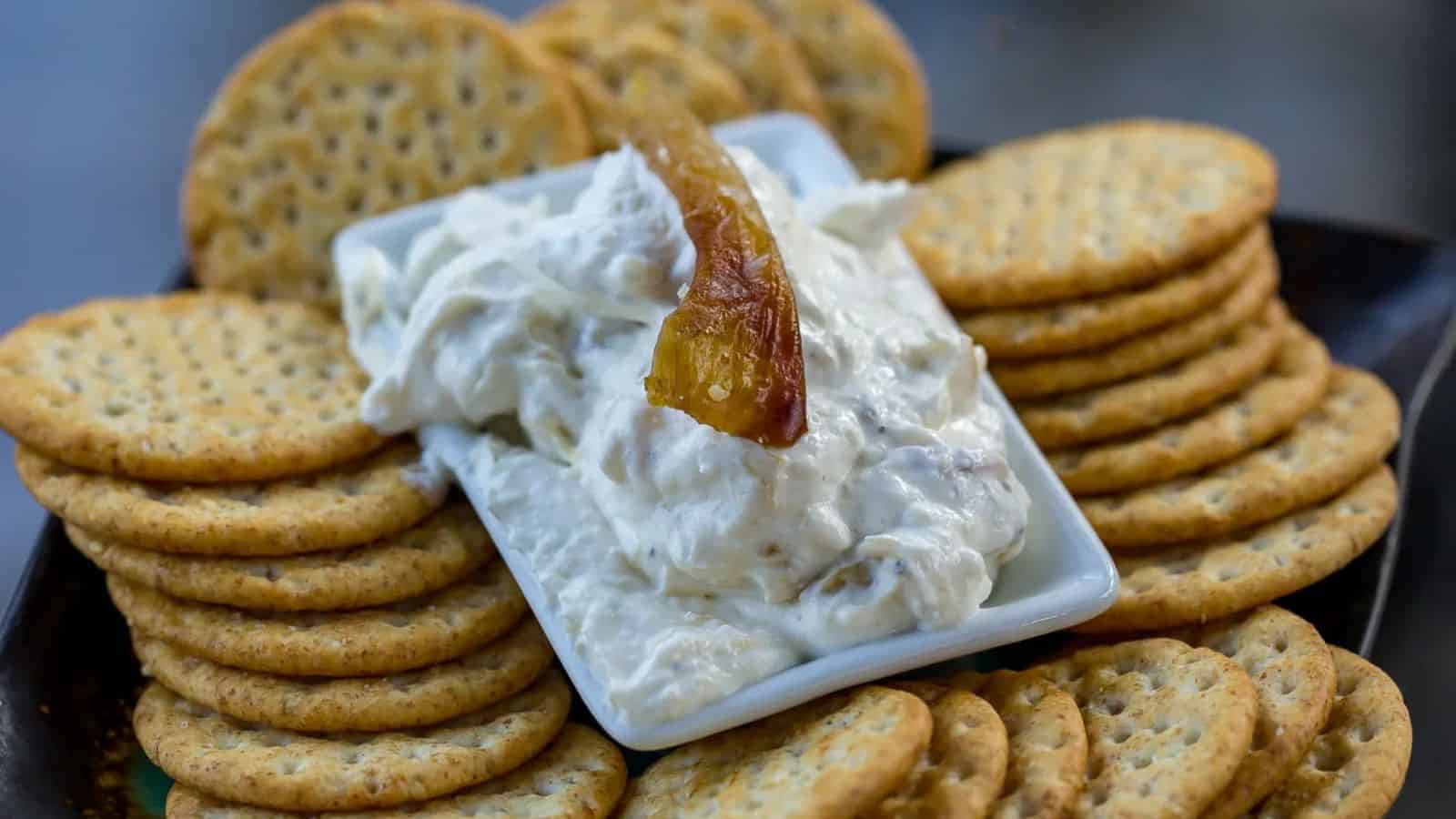 Rectangular dish of creamy dip topped with a garnish, surrounded by round crackers on a platter.