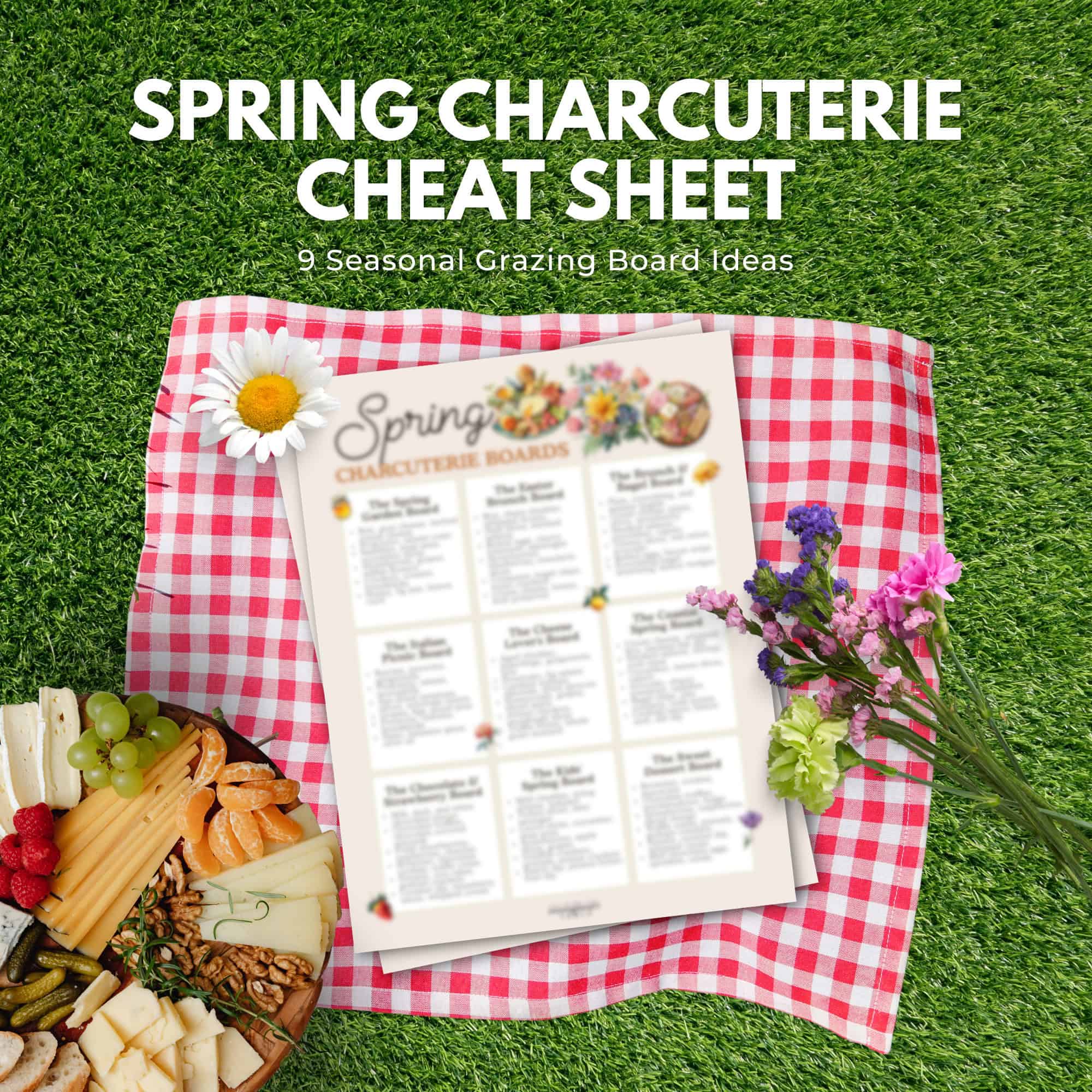A picnic setup with a spring charcuterie cheat sheet, flowers, and a platter of cheese and fruit on grass.