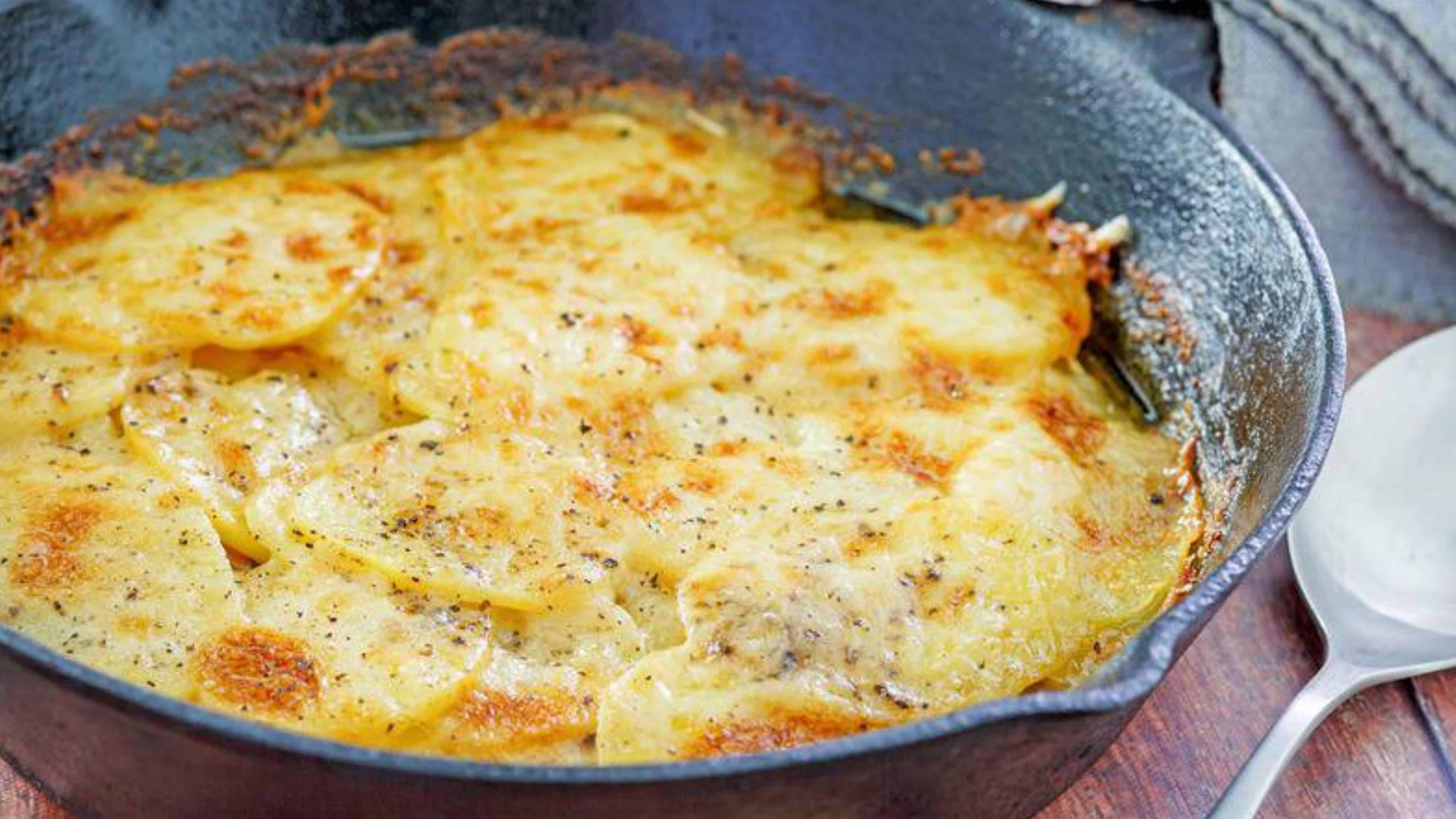 Golden baked scalloped potatoes with cheese in a cast iron skillet, next to a spoon on a wooden table.