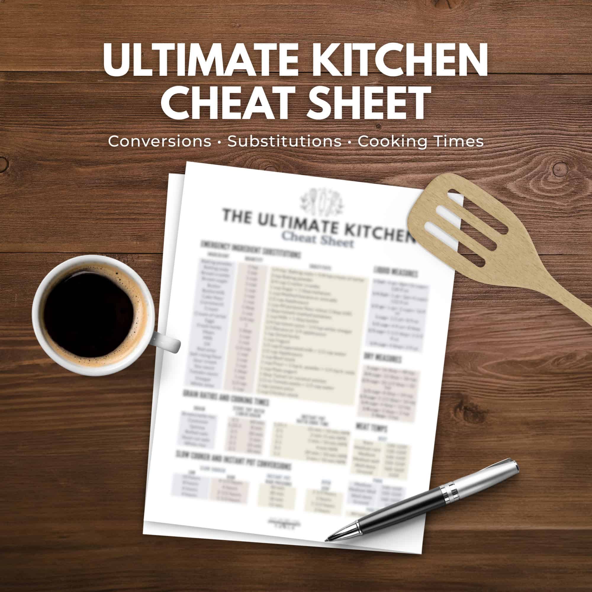 Top view of coffee, pen, spatula, and kitchen cheat sheet from immigrantstable shop on a wooden table, with "Ultimate Kitchen Cheat Sheet" text.