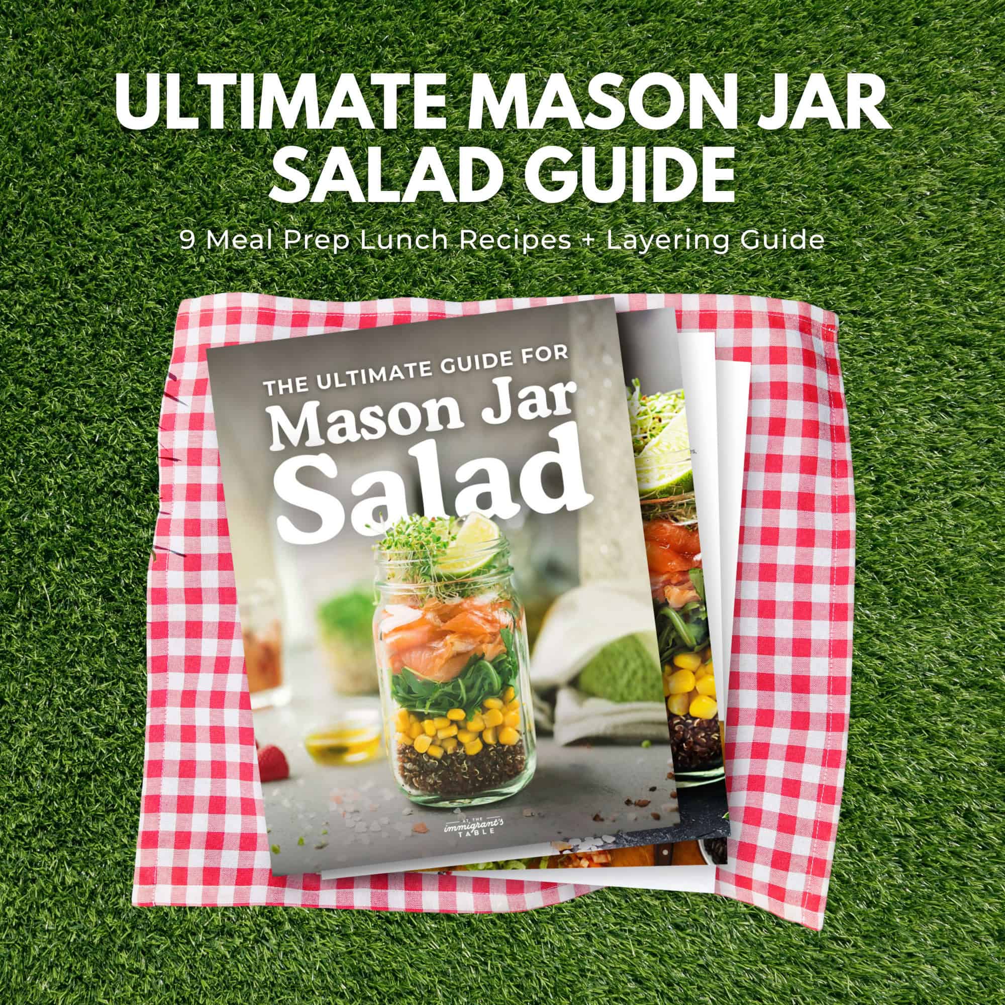Book titled "The Ultimate Guide for Mason Jar Salad" from the immigrantstable shop rests on a red checkered cloth atop green grass.