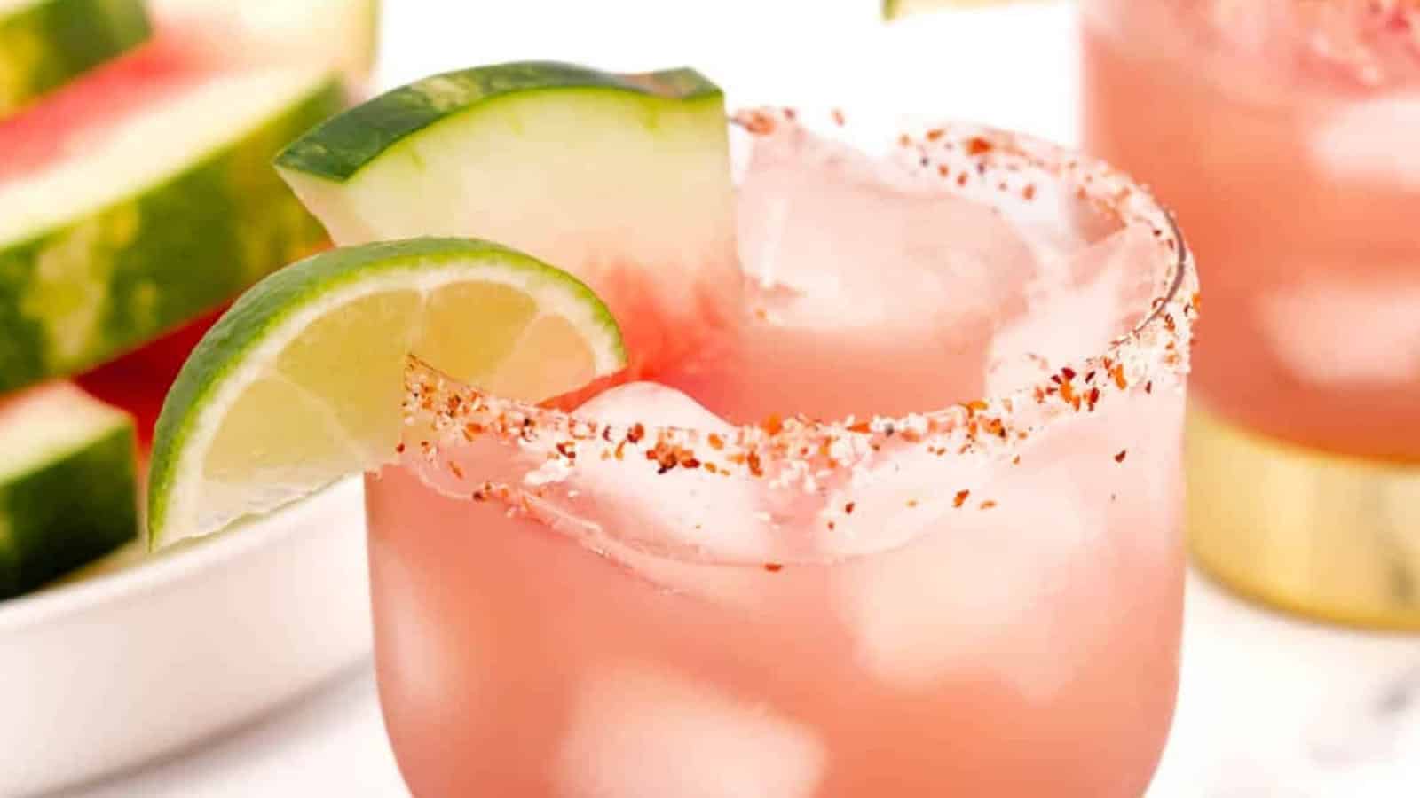 A pink cocktail with ice, garnished with lime and cucumber, and a chili-salt rim.