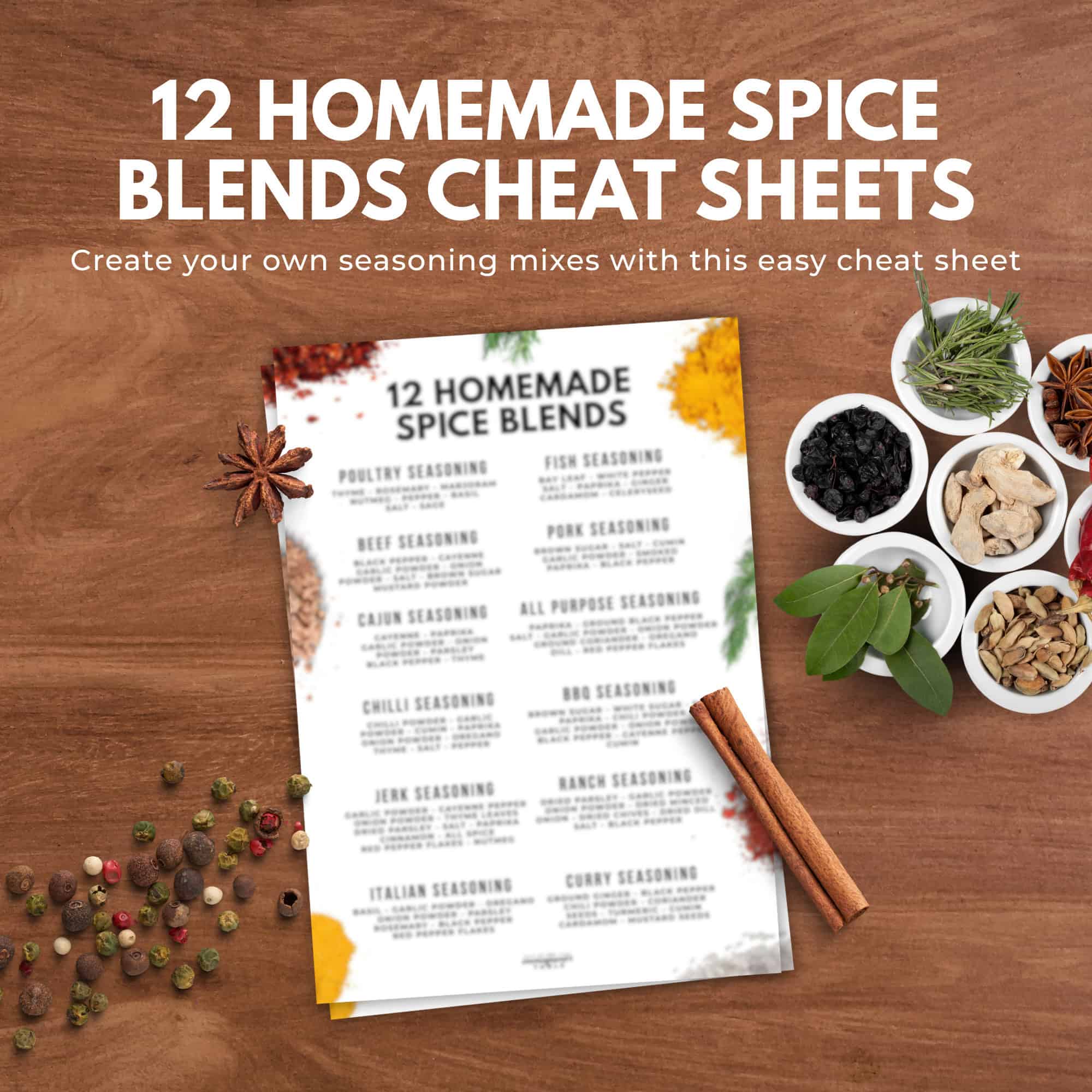 Overhead view of a homemade spice blends cheat sheet, featuring bowls of spices and herbs on a wooden table-perfect inspiration for your next creation from the immigrantstable shop.